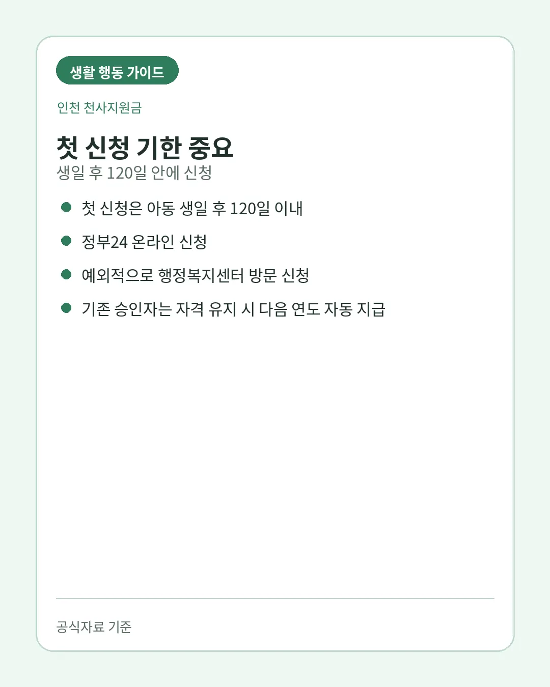 인천 천사지원금 생일 후 120일 첫 신청기한과 신청방법