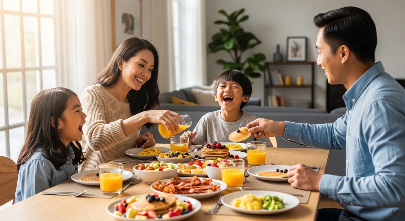 하게 웃으며 가족과 함께 즐거운 시간을 보내는 모습, 경제적 안정을 상징하는 따뜻한 분위기