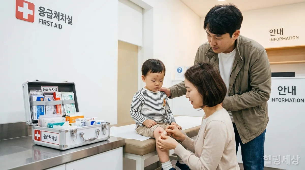 관광지 구급실에서 아이의 상처에 반창고를 붙여주는 한국인 엄마
