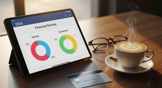 2026년형 디지털 자산 관리 앱과 금융 계획표가 띄워진 태블릿이 놓인 카페 책상 풍경