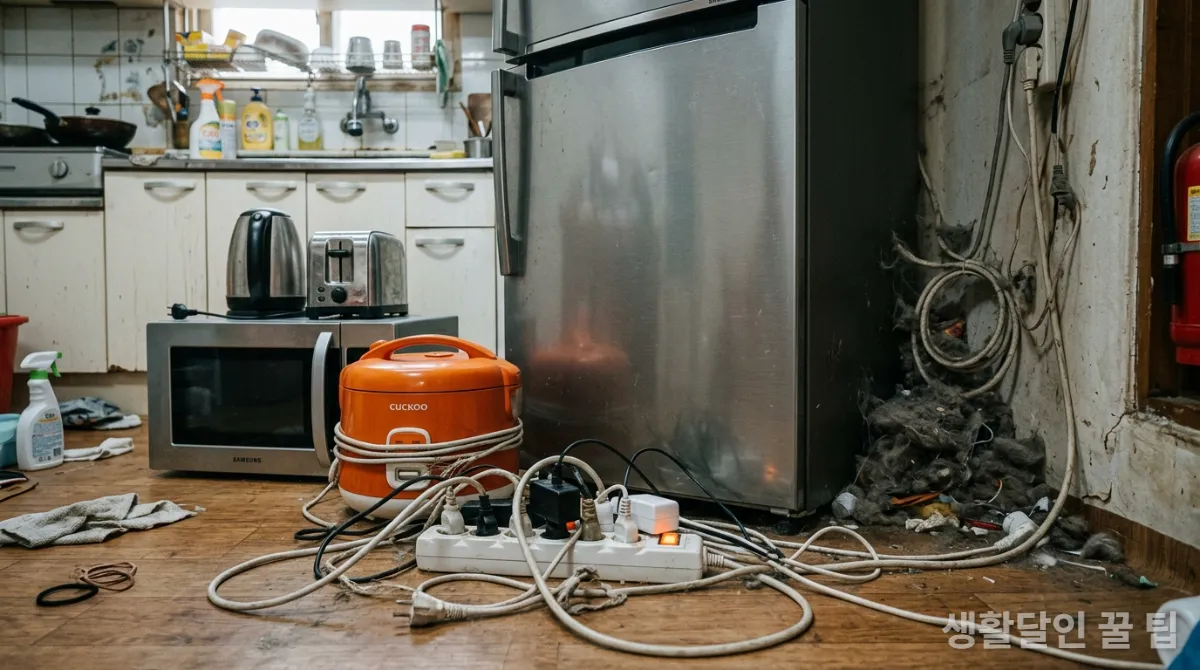멀티탭에 여러 가전제품이 연결되어 있고 냉장고 뒤에 먼지가 쌓인 모습