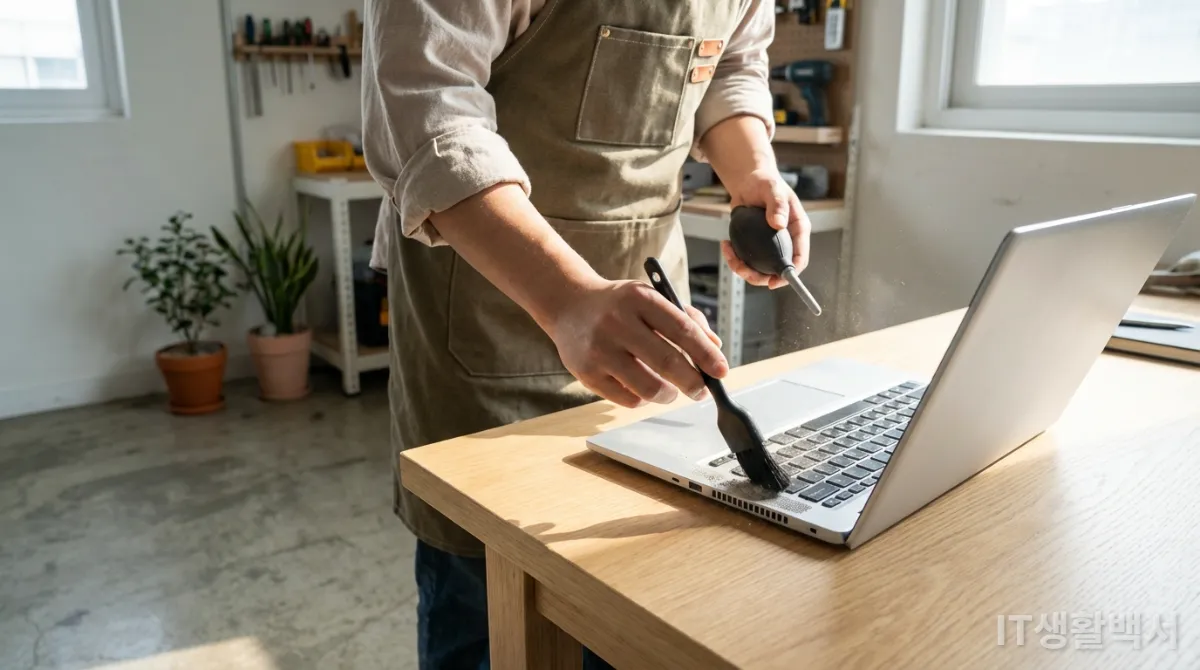 한국인이 노트북 통풍구의 먼지를 에어건으로 청소하는 모습