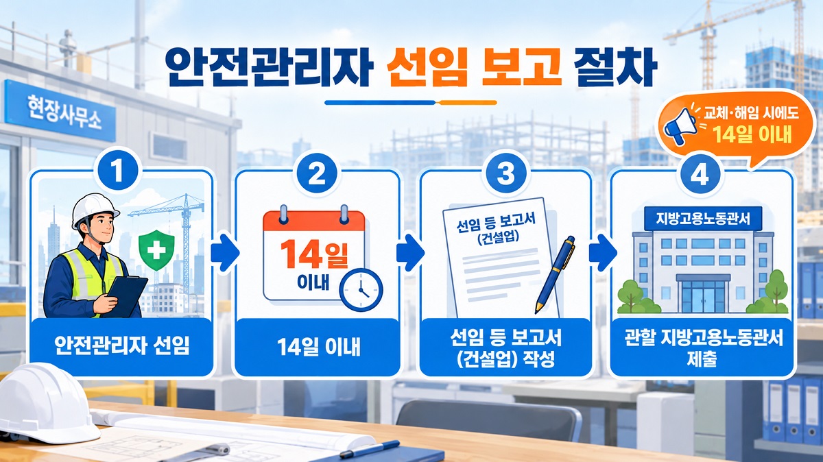 안전관리자 선임 후 14일 이내 관할 지방고용노동관서에 보고하는 절차 흐름도