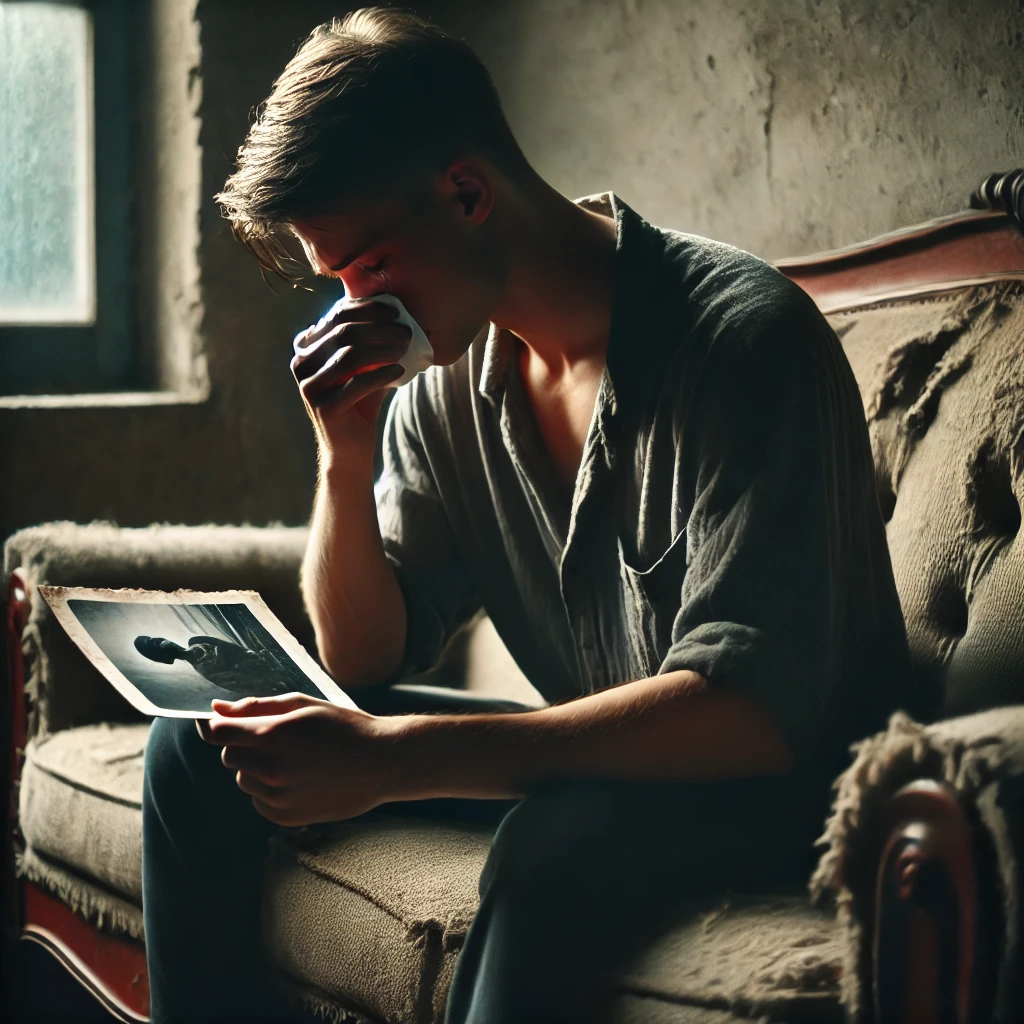 슬픔에 잠긴 막내 아들: 낡은 소파에 홀로 앉아 흑백 사진을 바라보며 눈물을 훔치는 젊은 남성.