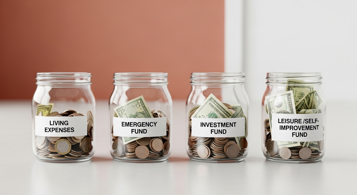생활비, 비상금, 투자금, 자기계발 통장으로 나뉜 투명한 저금통들이 돈을 효율적으로 관리하는 모습을 보여줍니다.