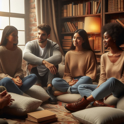 사람들이 편안한 분위기에서 서로 이야기를 나누며 꿈에 대해 토론하는 장면입니다.