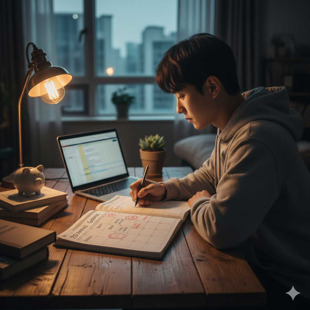 후드티를 입은 젊은 한국 남성이 밤늦게 책상에서 재무 목표 노트를 펜으로 적으며 계획하는 모습.