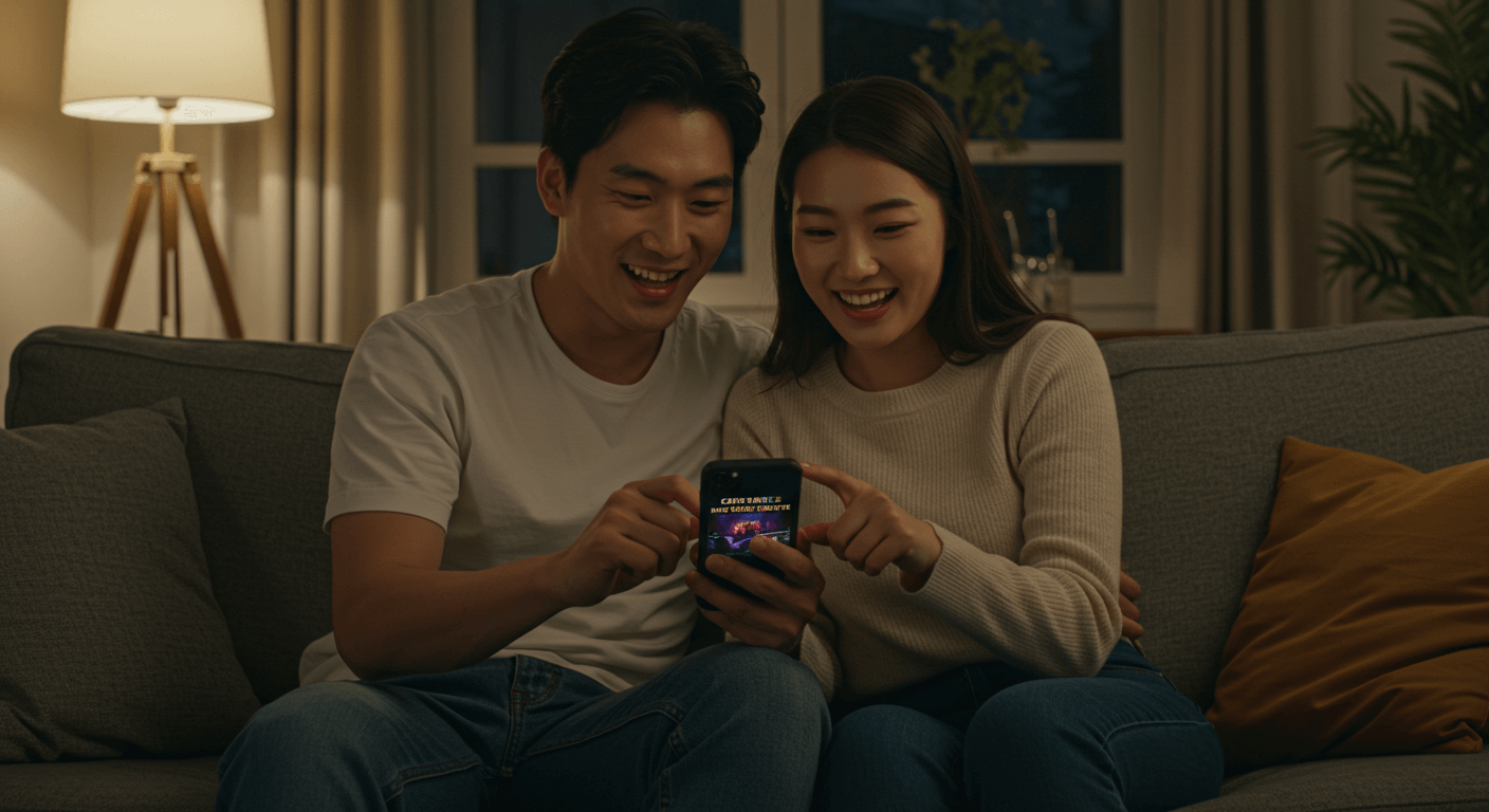 커플이 스마트폰으로 불꽃축제 티켓을 예매하는 장면 3