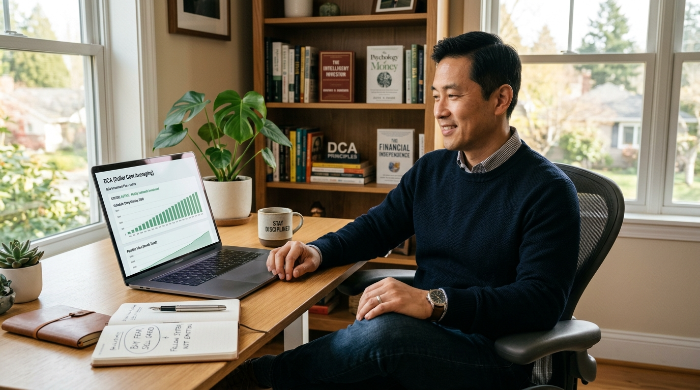 노트북 화면을 보며 만족스럽게 앉아 있는 모습 DCA(Dollar Cost Averaging