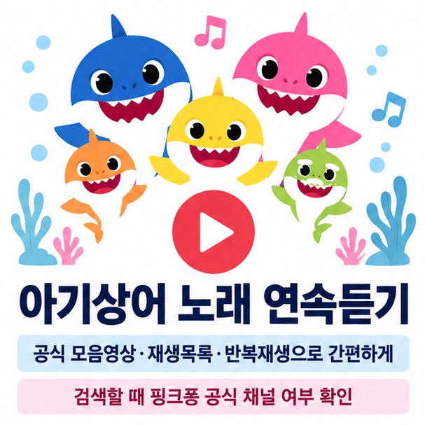아기상어 노래 연속듣기와 핑크퐁 공식 유튜브 모음영상 재생목록 반복재생을 보여주는 교육용 이미지