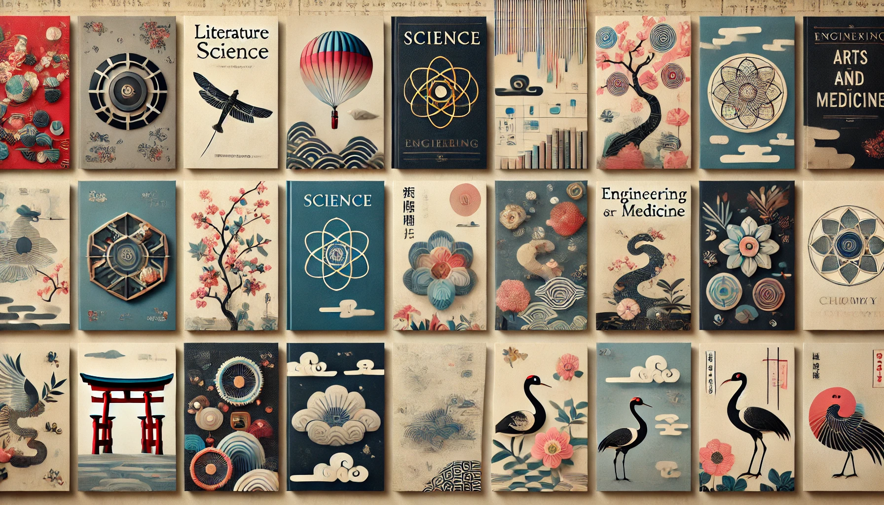 다양한 분야의 책 커버를 전통적인 배경 위에 아름답게 배열한 콜라주