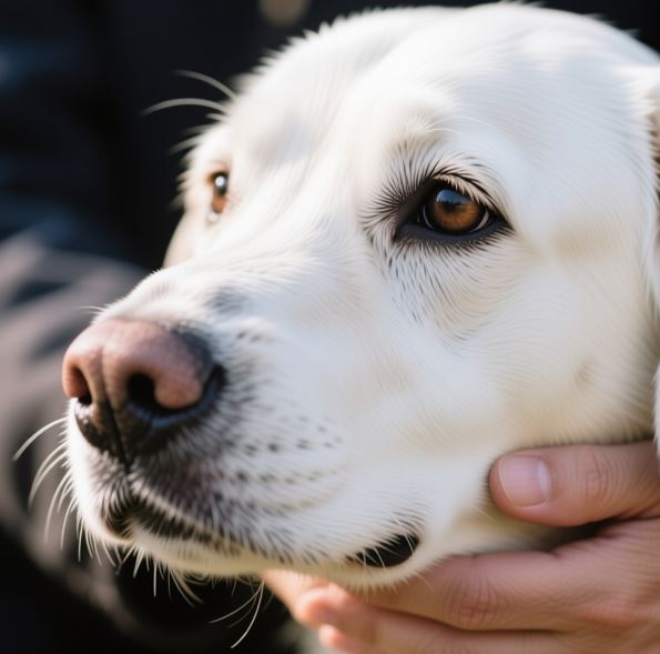 주인의 손에 얼굴을 대고 있는 노령견의 모습