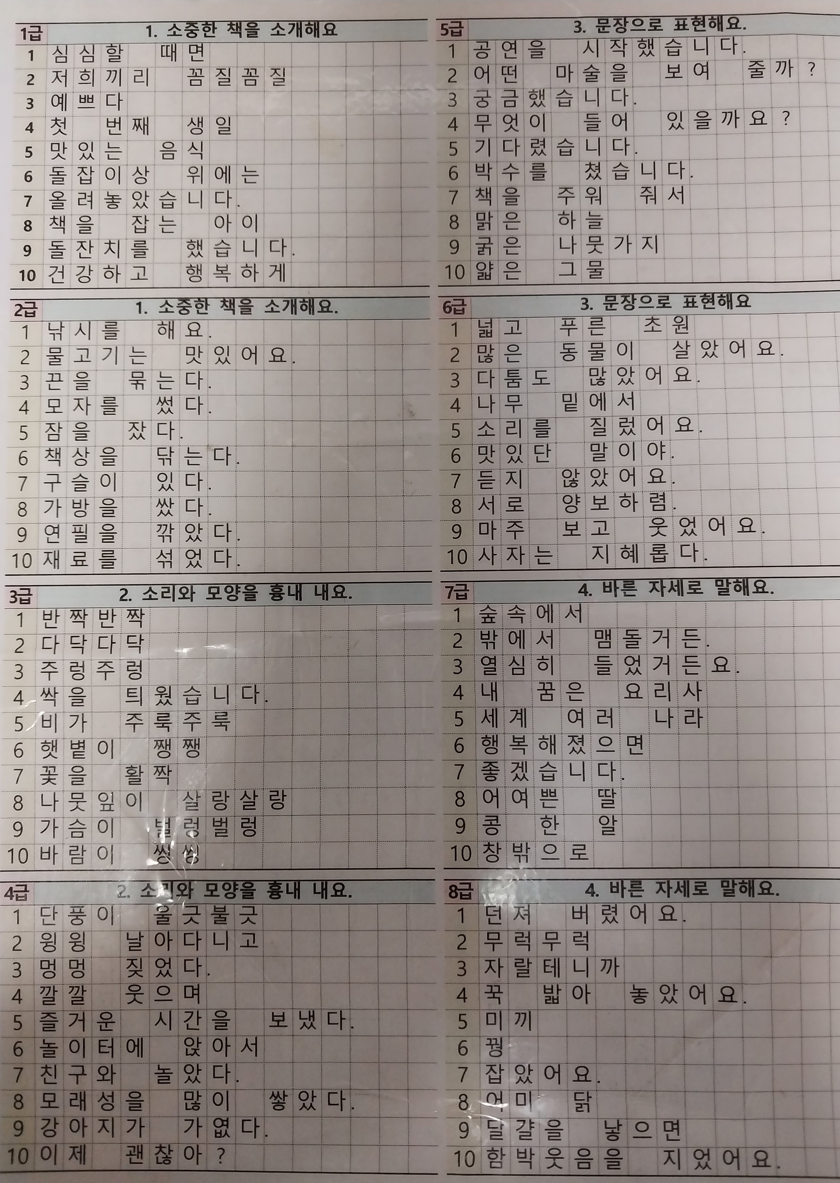 1학년 국어 급수표