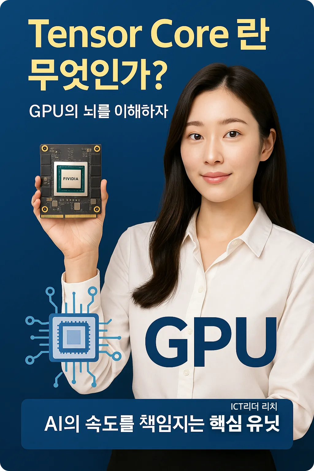 Tensor Core란 무엇인가를 설명하는 여성의 고화질 인포그래픽 이미지 &ndash; GPU 칩셋을 들고 설명하는 모습