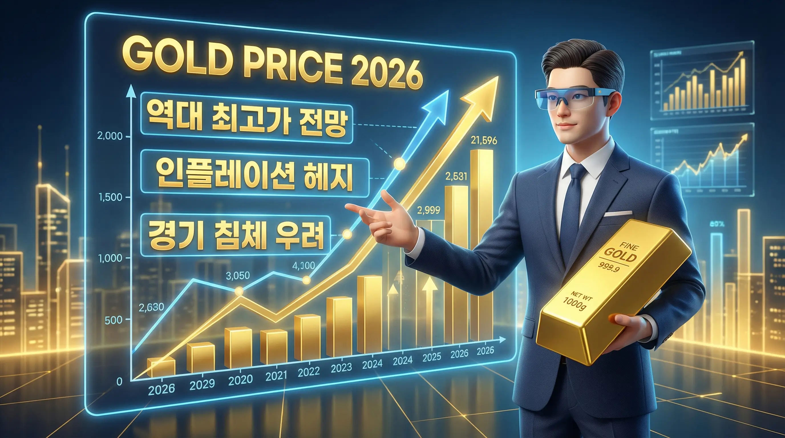 2026년 금값 상승 그래프와 함께 골드바를 든 투자자가 전망을 분석하는 3D 인포그래픽