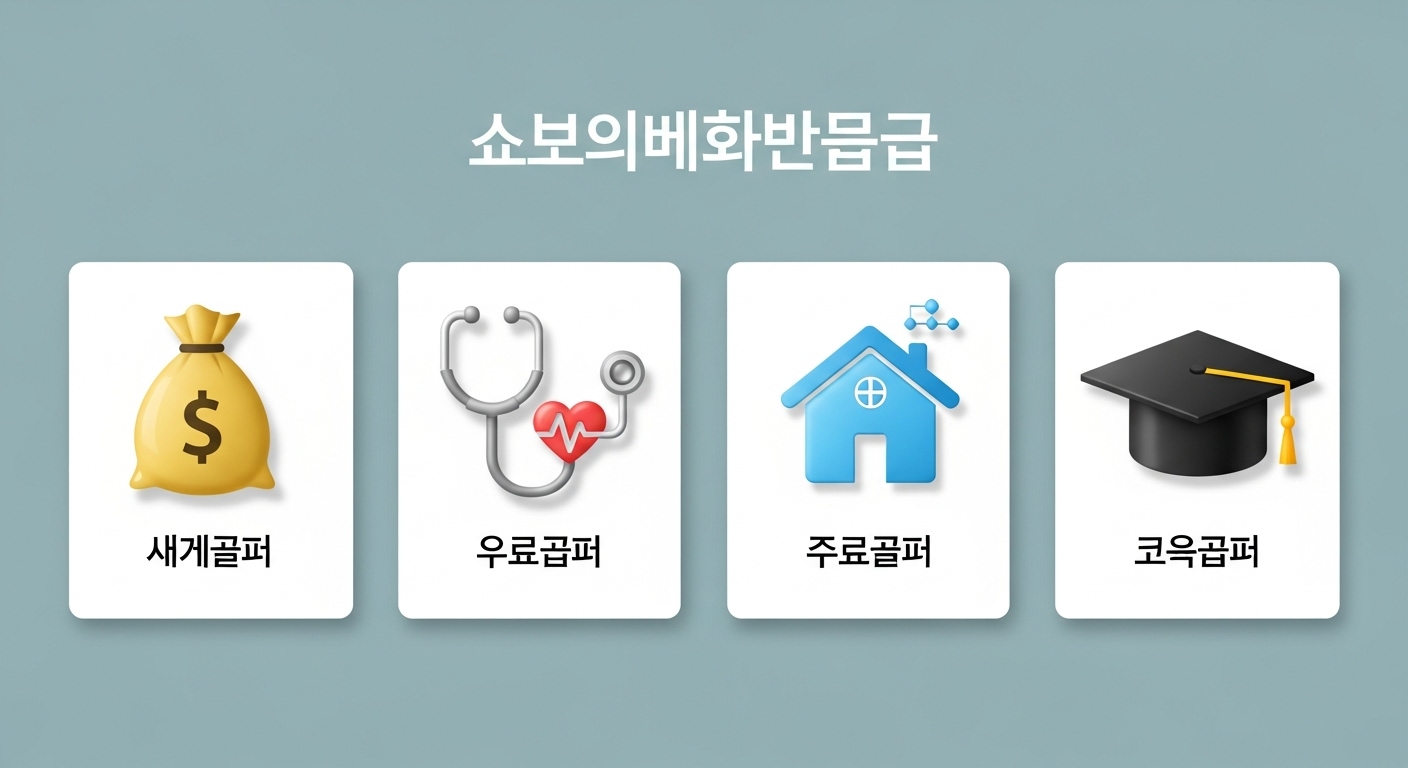 생계급여, 의료급여, 주거급여, 교육급여를 상징하는 아이콘과 함께 정부의 4가지 기초생활보장제도 급여 유형을 보여주는 인포그래픽.