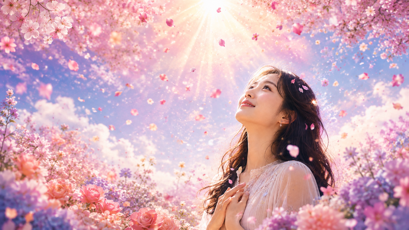 꽃잎이 하늘에서 쏟아지는 가운데 여성이 축복처럼 빛을 바라보는 장면