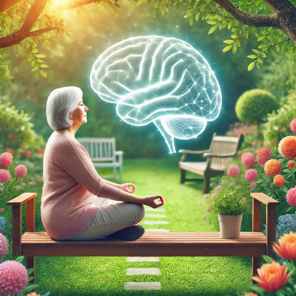 평화로운 정원에서 마음 챙김을 실천하는 노인, 치매 예방을 상징하는 뇌 그래픽이 배경에 흐릿하게 나타남