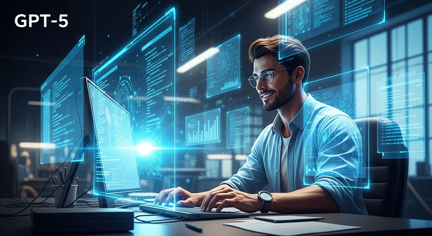 GPT-5를 활용하여 업무 효율이 획기적으로 향상된 개발자의 모습, 미래 지향적인 코딩 환경과 생산성 향상을 시각적으로 표현합니다.