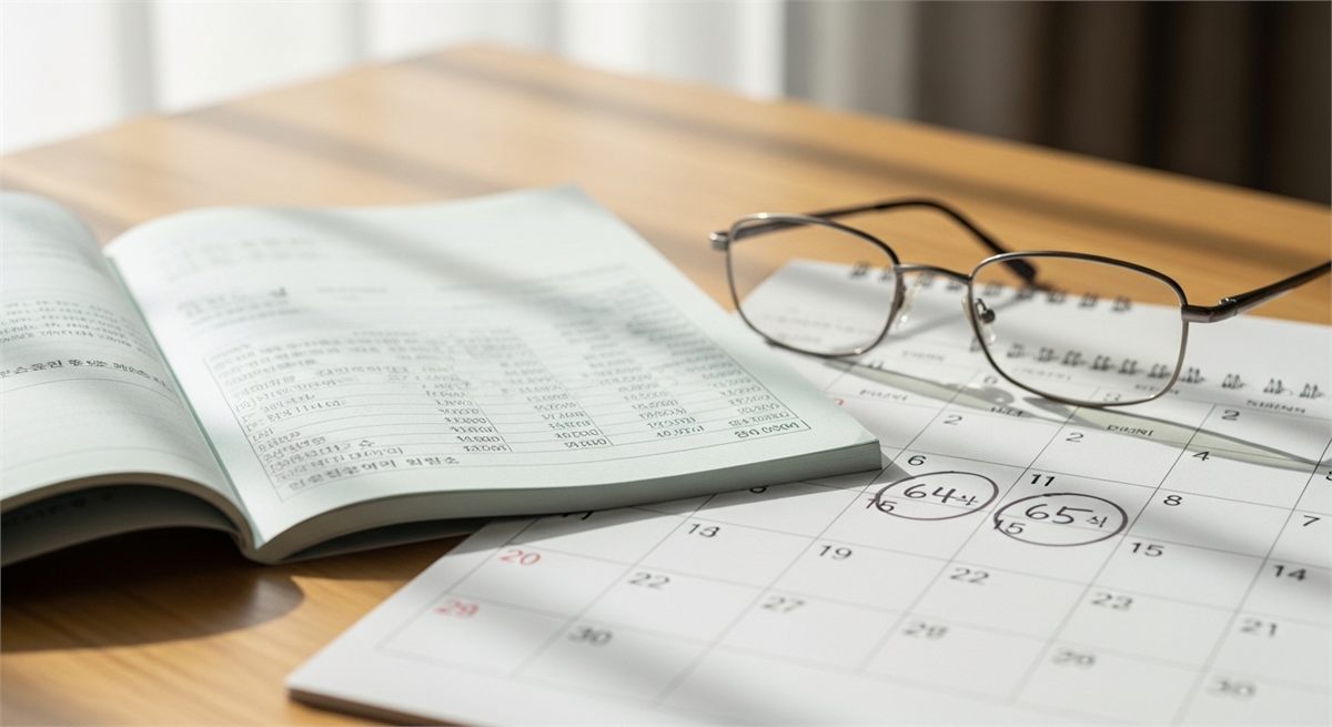 국민연금 수령 시기를 달력과 서류로 정리하는 장면 