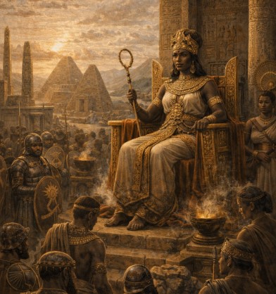 칸다케 여왕이 왕좌에 앉아 군사와 신하들을 지휘하는 모습