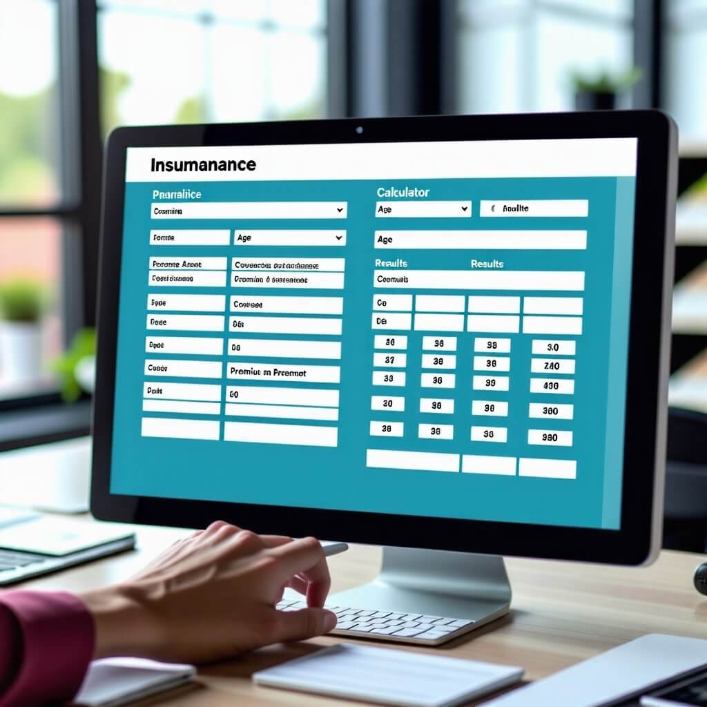 컴퓨터 화면에 보험료 계산기가 열려 있는 모습. 사용자가 입력하는 모습과 함께 결과가 표시되고 있다.