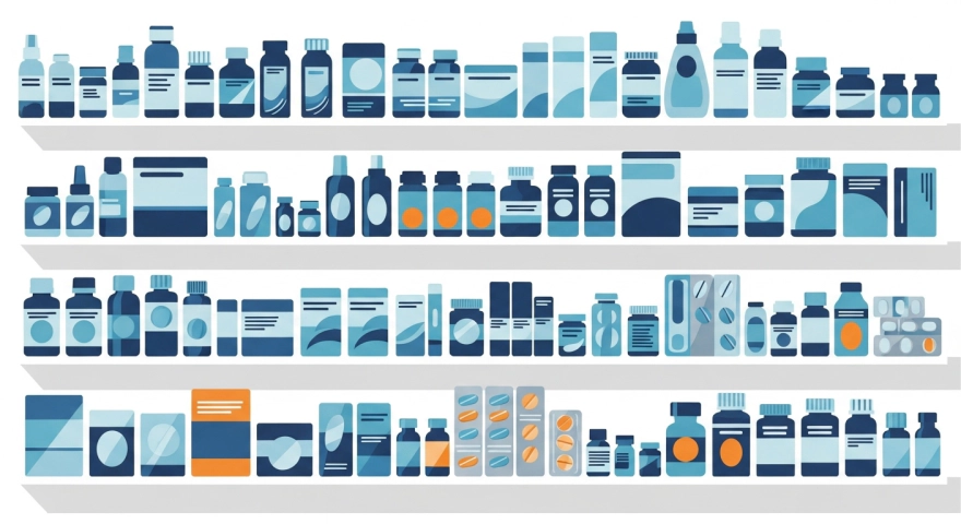 건강 보조제가 진열된 약국 선반 일러스트