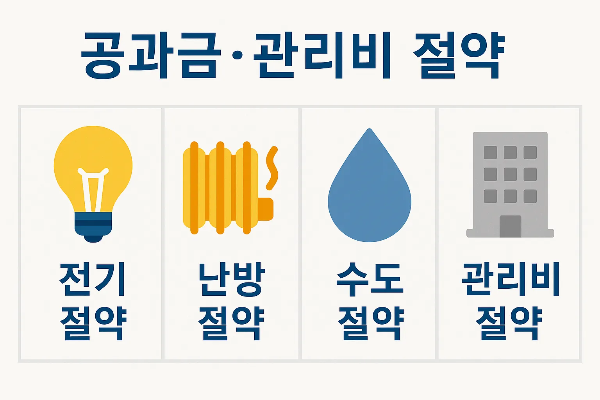 자취생 생활비 절약을 위한 공과금과 관리비 절약 인포그래픽으로 전기 절약, 난방 절약, 수도 절약, 관리비 절약 팁을 시각적으로 표현한 이미지