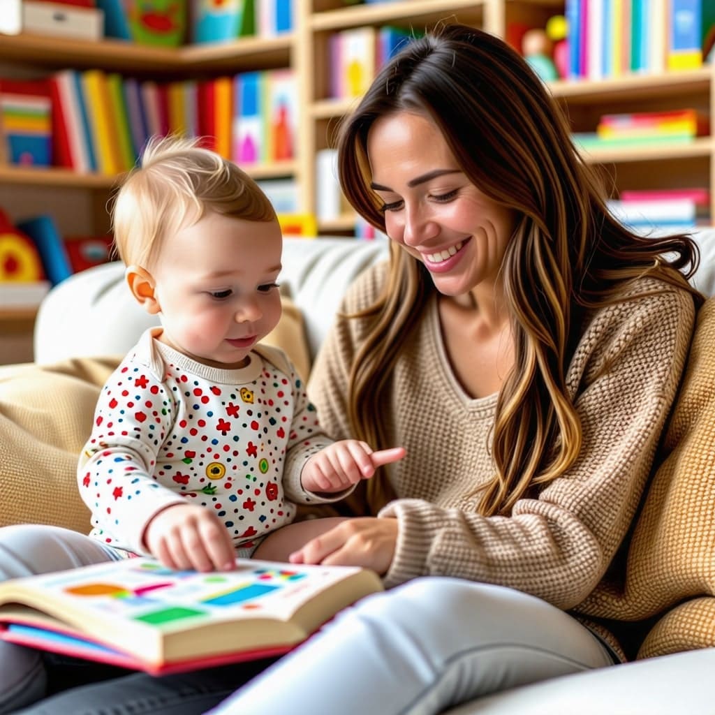 엄마와 아기가 함께 책을 읽는 모습: 편안한 소파에 앉아 있는 엄마와 아기가 그림책을 보며 웃고 있는 장면.