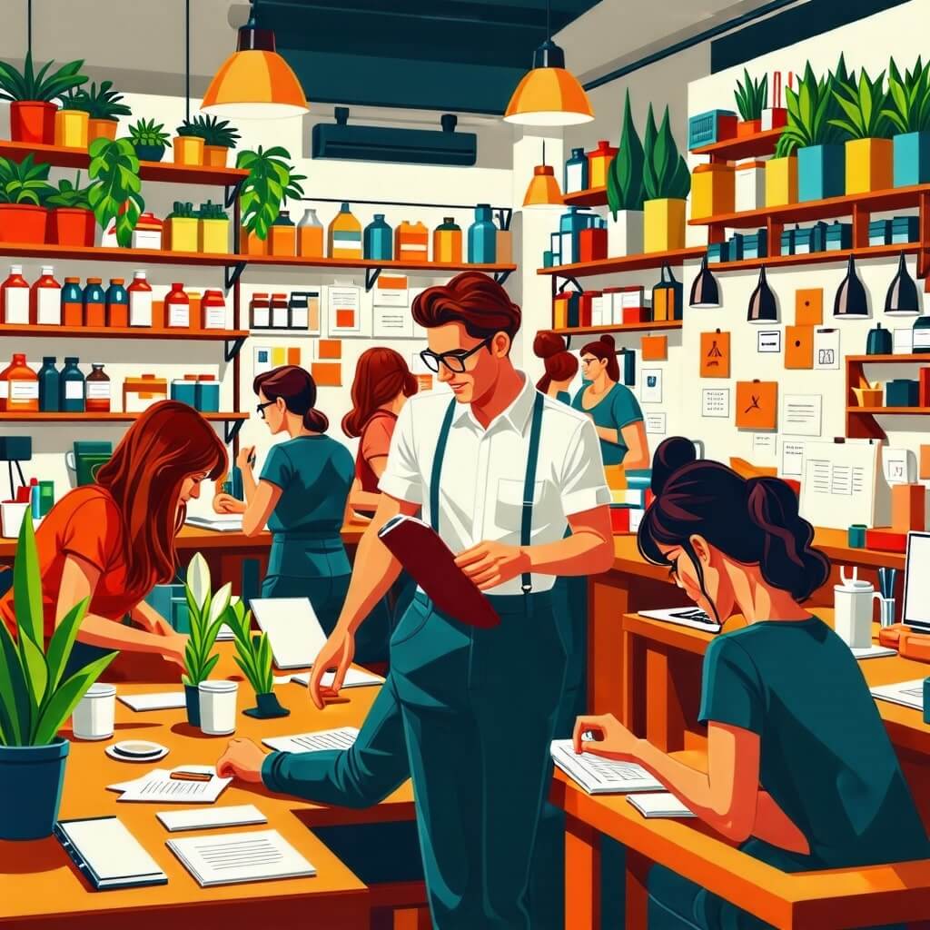 자신의 아이디어를 실현하기 위해 노력하는 소상공인, 열정적으로 사업에 몰두하는 소상공인