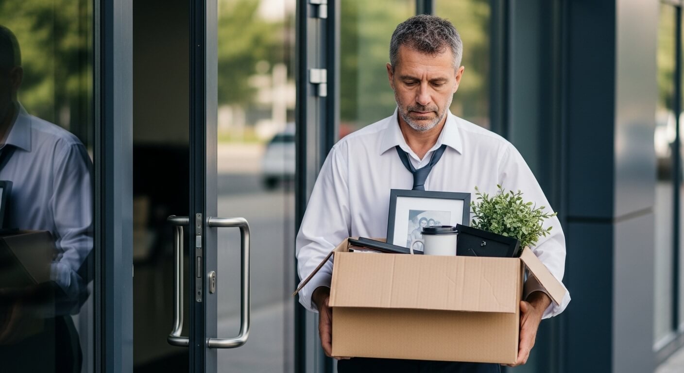 박스를 들고 건물을 나오는 중년 남성