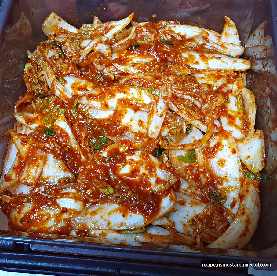 완성된 배추겉절이를 밀폐용기에 담아 놓은 사진