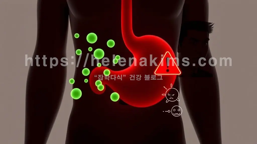 인간의 위(stomach)가 중앙에 배치 되어 있고, 위 좌측은 건강하고 편안한 트림을 상징하는 부드러운 초록색 가스 입자가 위로 퍼져나가는 모습.