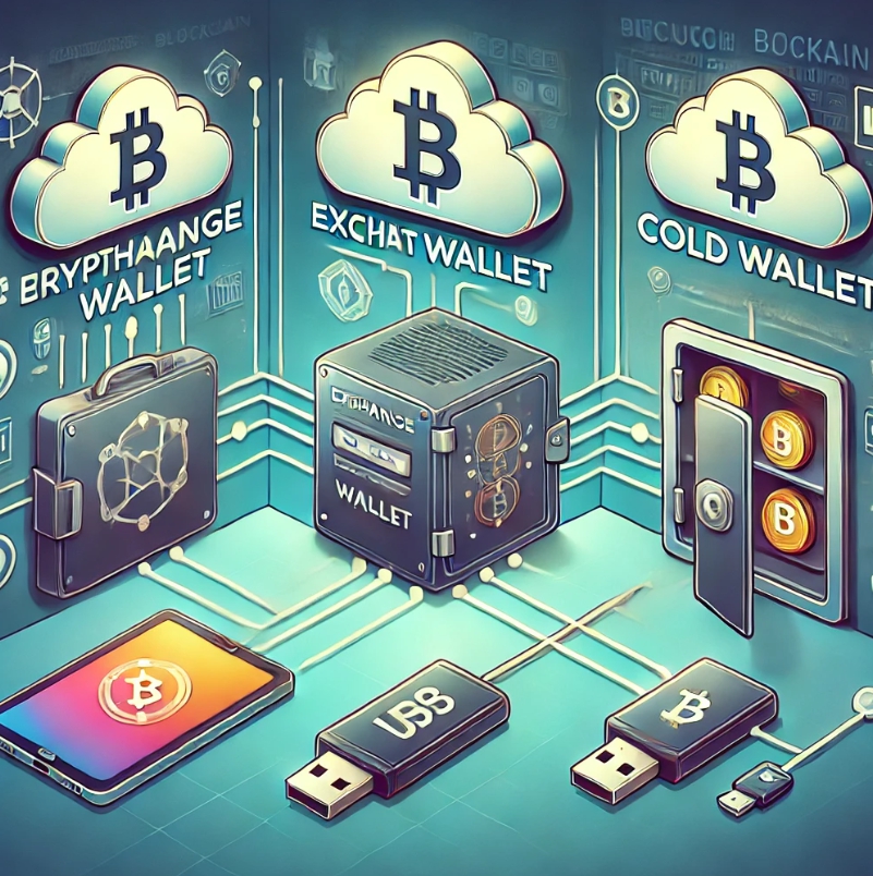 거래소 지갑과 직접 관리하는 콜드월렛 핫월렛을 표현했다.