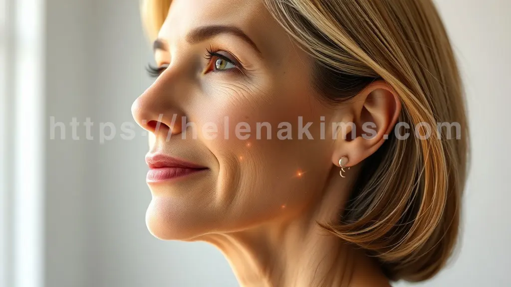 우아하고 자신감 넘치는 50대 여성의 옆모습, 탄탄하게 리프팅된 턱선과 매끄러운 얼굴 라인이 돋보이며, 피부에서 은은한 활력이 느껴집니다.