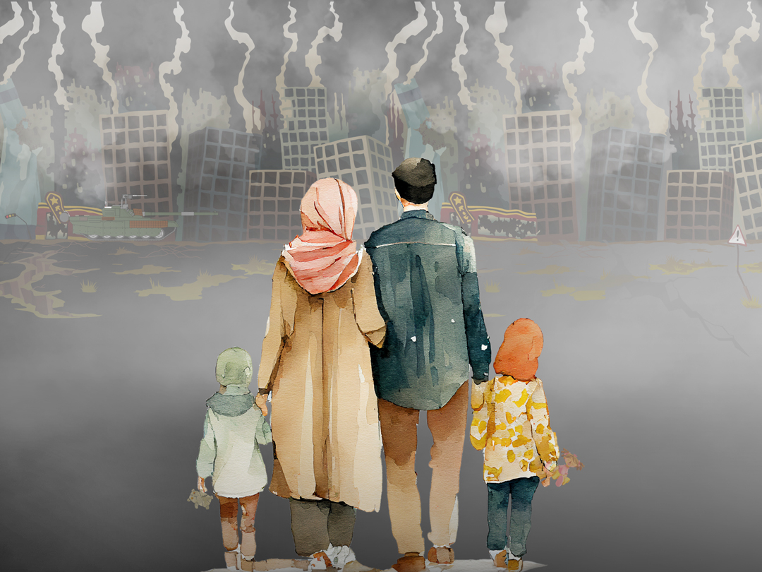 전쟁으로 폐허가 된 도시를 바라보는 사람들 일러스트 무료이미지 다운로드