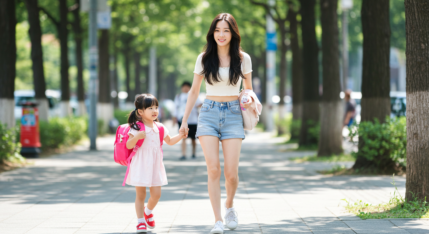 아이를 등원시키는 여성