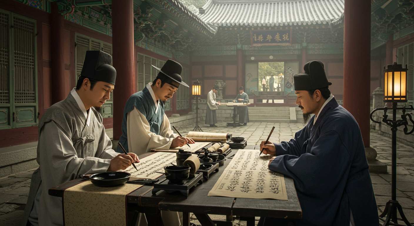 고대 중국과 한국 학자들이 대나무 죽간에 성씨 계보를 기록하는 사실적인 장면 – 세상에서 가장 오래된 성씨, 한국 성씨, 중국 성씨