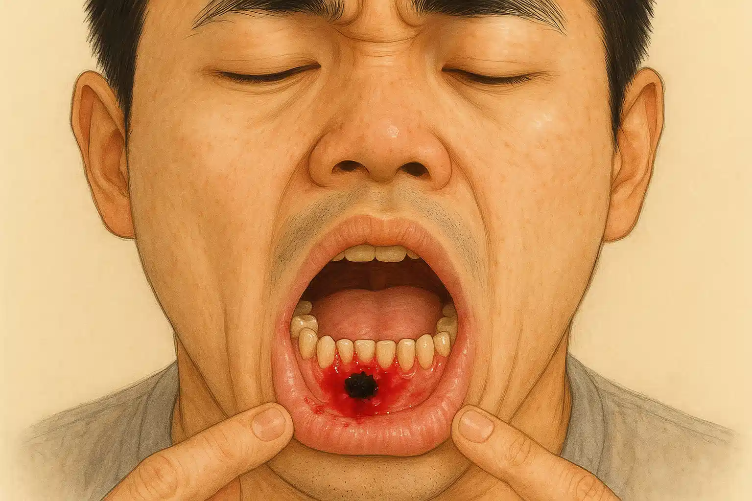 불규칙한 경계의 검은 반점이 점점 커지고 출혈·궤양이 동반된 위험한 잇몸