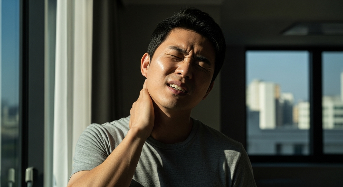 목과 귀를 함께 잡으며 통증을 느끼는 남성