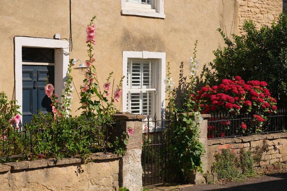Quaint cottage with a lush garden and colorful flowers, capturing the essence of a serene outdoor setting.