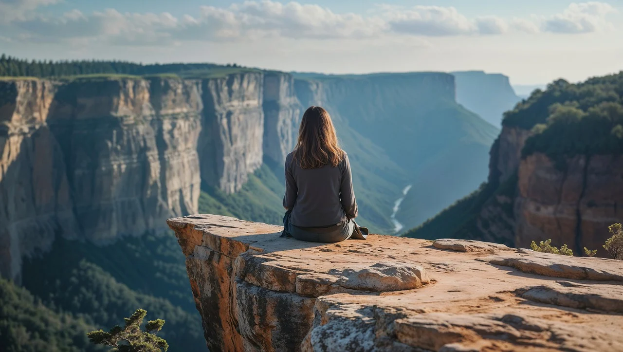 나를 위한 시간을 보내는 절벽에 여인의 모습