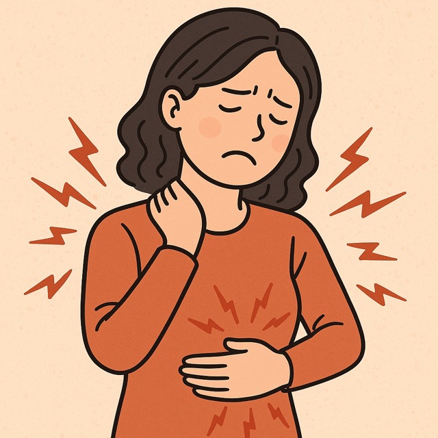 섬유근육통으로 전신 통증을 겪는 여성의 고통스러운 표정을 표현