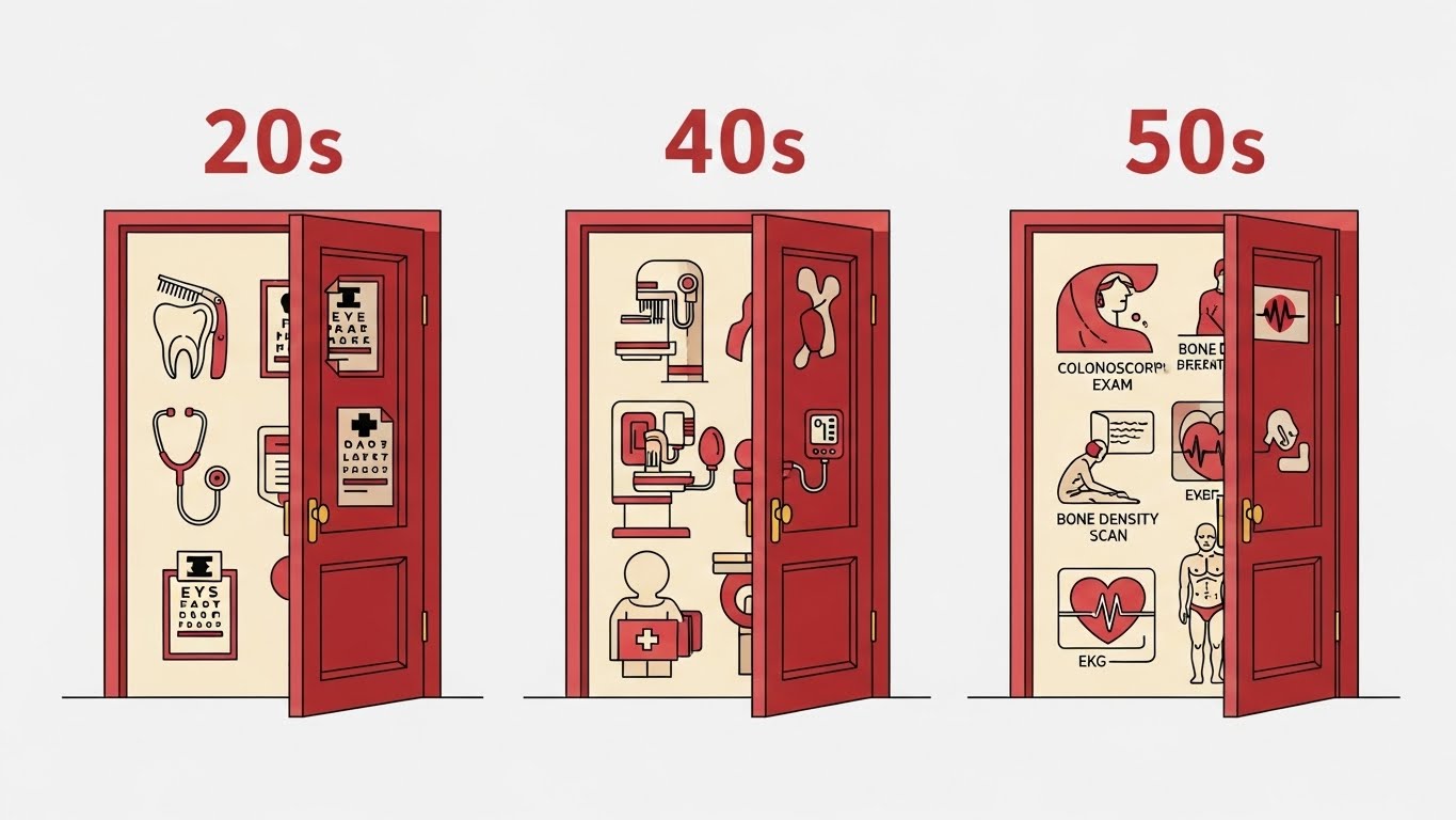 나이가 들면서 새롭게 추가되는 무료 암 검진 혜택들을 단계별로 보여주는 시각화 그래픽
