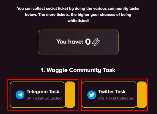 커뮤니티 미션 종류, 왼쪽은 텔레그램 미션 오른쪽은 트위터 미션