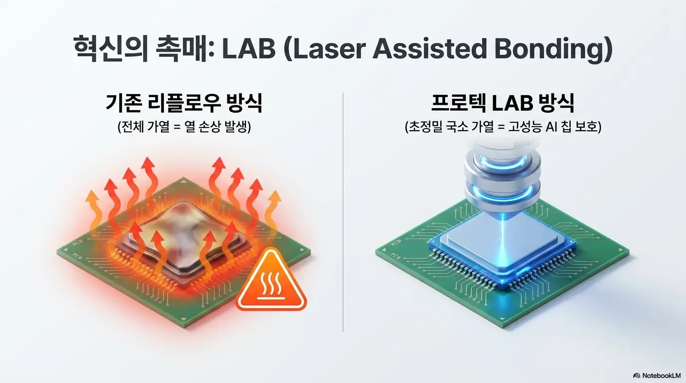 프로텍 주가 전망: 프로텍의 레이저 본더(LAB) 방식과 기존 리플로우 방식을 나란히 비교한 그림. 기존 방식은 칩 전체를 가열해 열 손상이 발생하는 반면, 프로텍 방식은 초정밀 국소 가열로 고성능 AI 칩을 보호함을 보여줌. AI 칩 패키징에서 프로텍 후공정 장비 기술이 갖는 경쟁력을 시각적으로 전달함