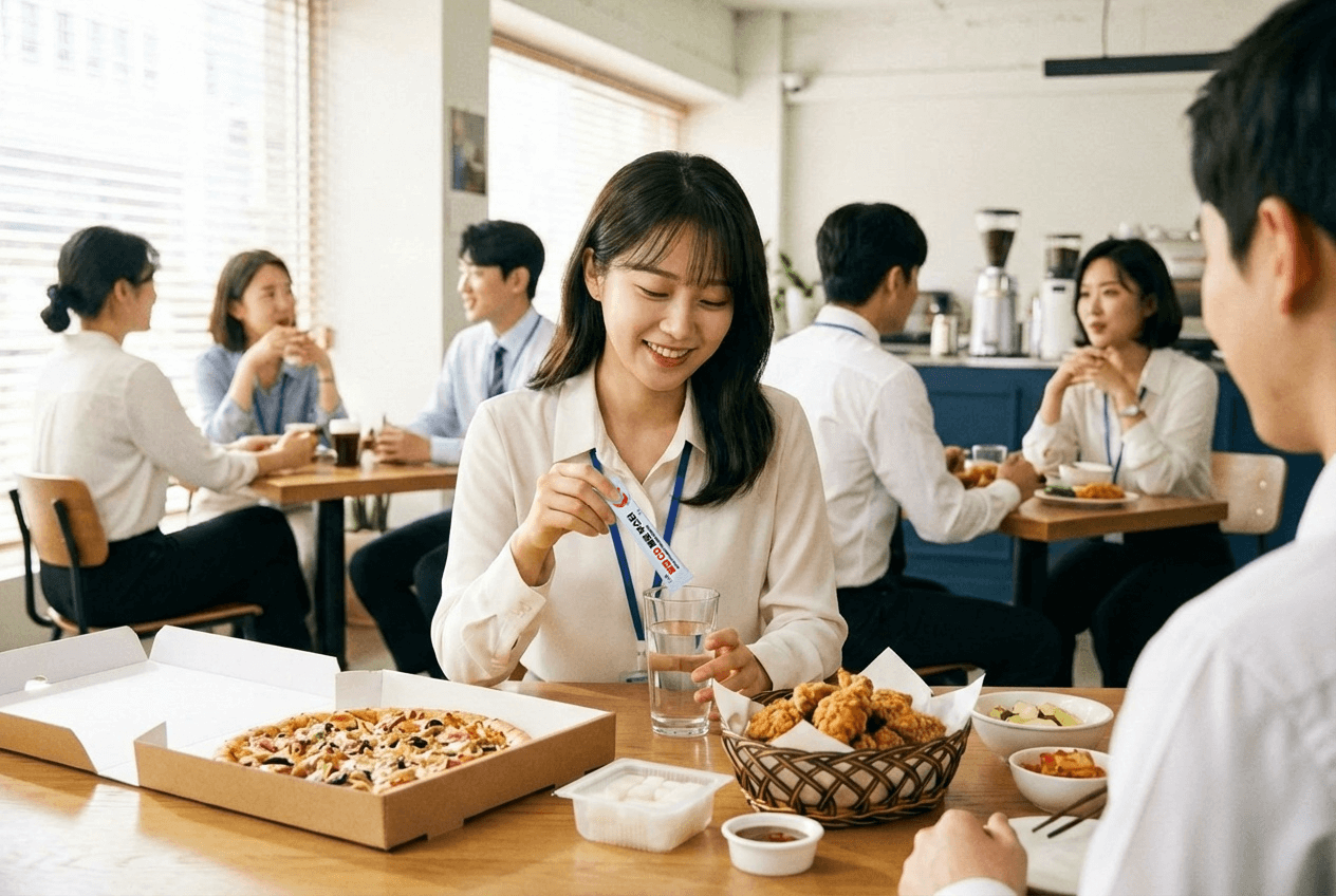 사무실 점심시간, 피자와 치킨 앞에서 물 한 잔을 들고 미소 짓는 한국인 직장인 여성, 탄수화물 식사 전 식이섬유 섭취 장면