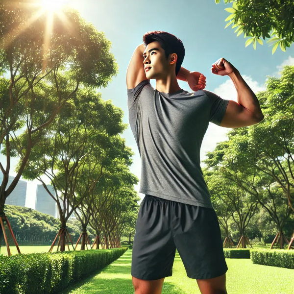 간헐적 단식 후 활기차게 스트레칭하는 동양인 남성