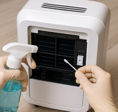 제습기 청소를 하고 있는 모습