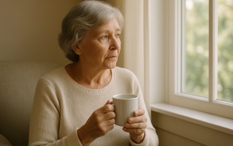 차를 마시며 표정 없이 창밖을 바라보고 있는 여성